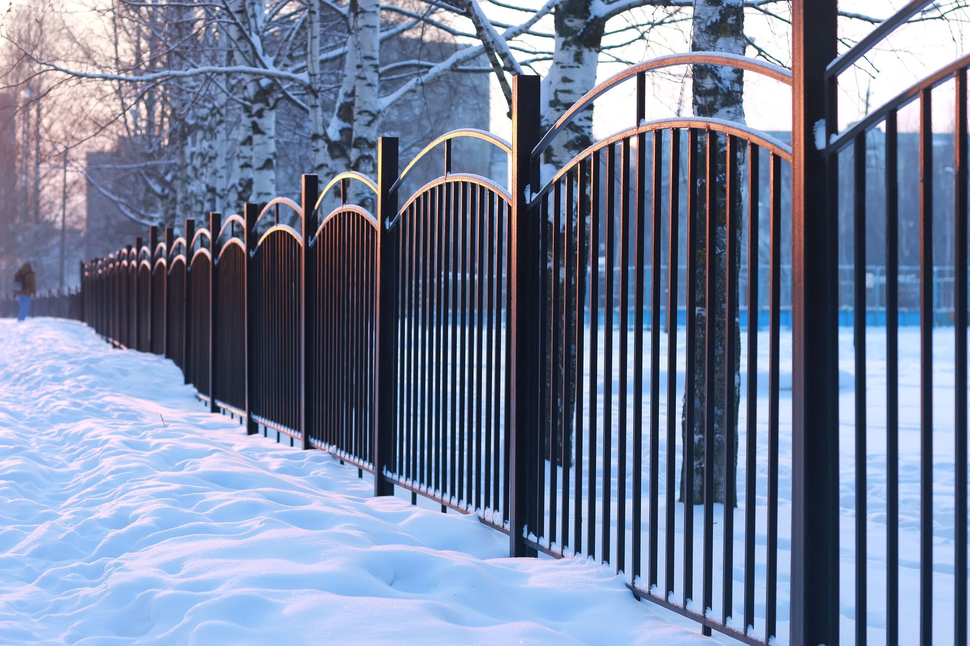 A wrought iron fence is surrounded by snow and trees.