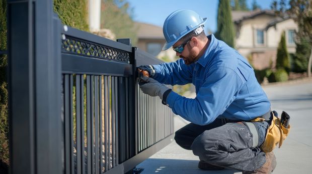 A man wearing a hard hat is working on a fence.