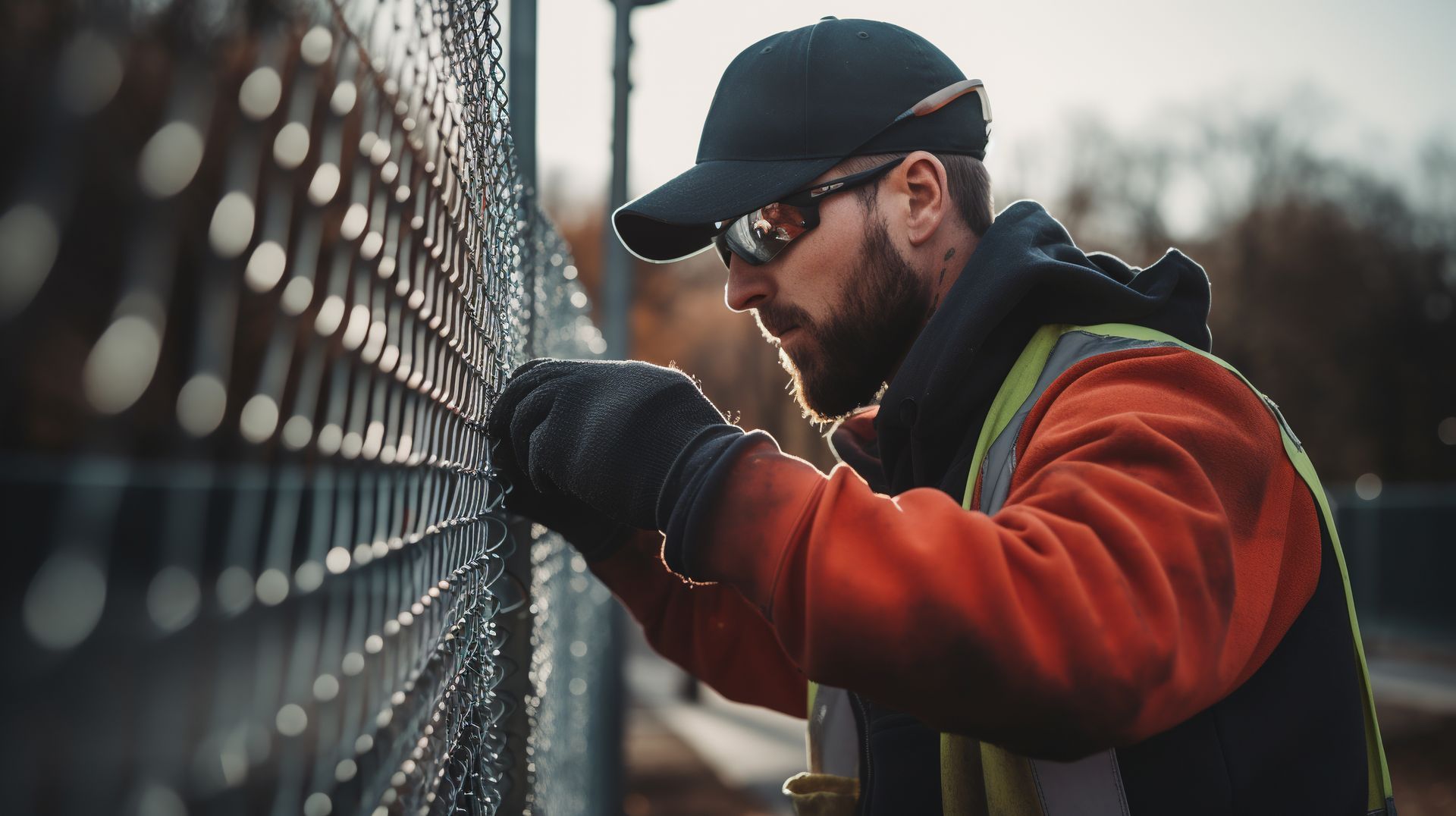 Construction worker in orange vest and black cap inspecting a chain-link fence outdoors.