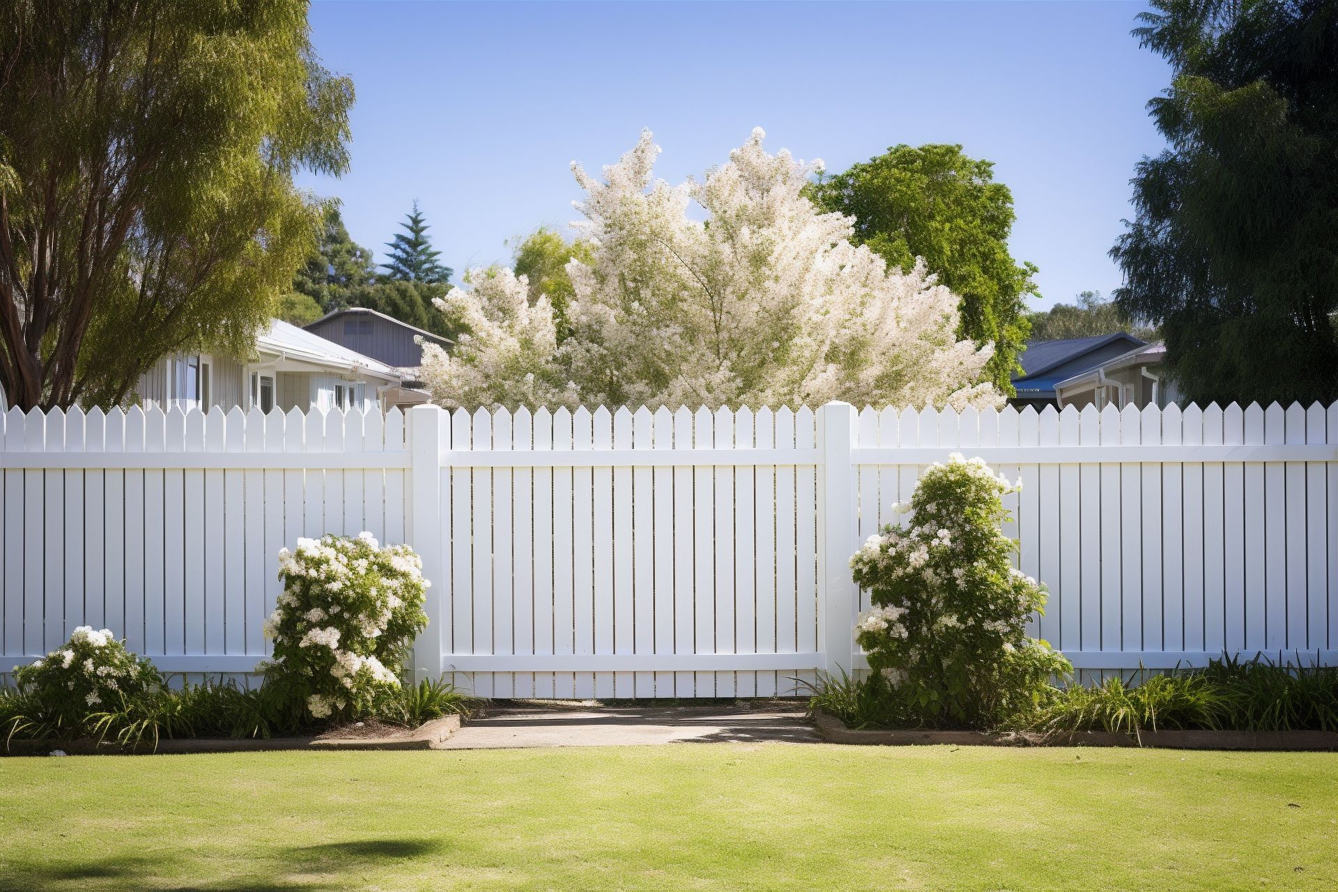White picket fence with a gate, framing a green lawn, and a flowering tree under a blue sky.