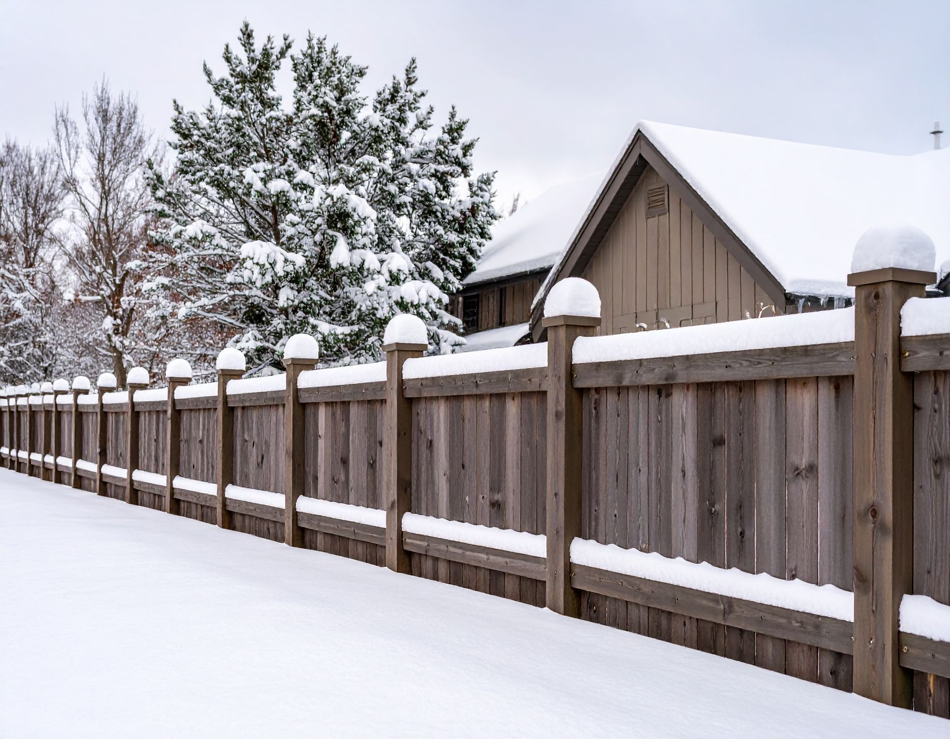 A wooden fence covered in snow with a house in the background.