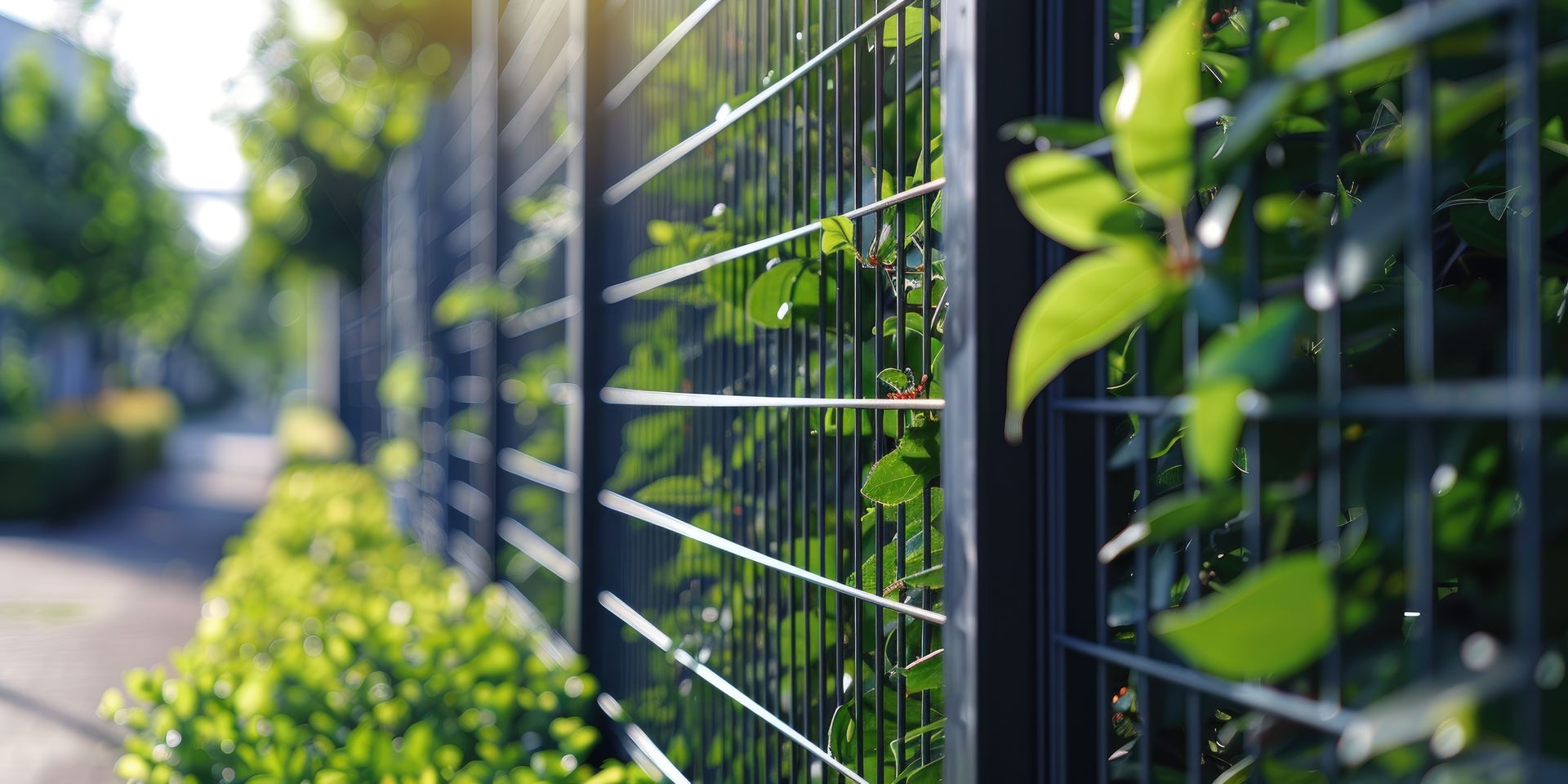 A metal fence with green foliage in a sunny outdoor setting.