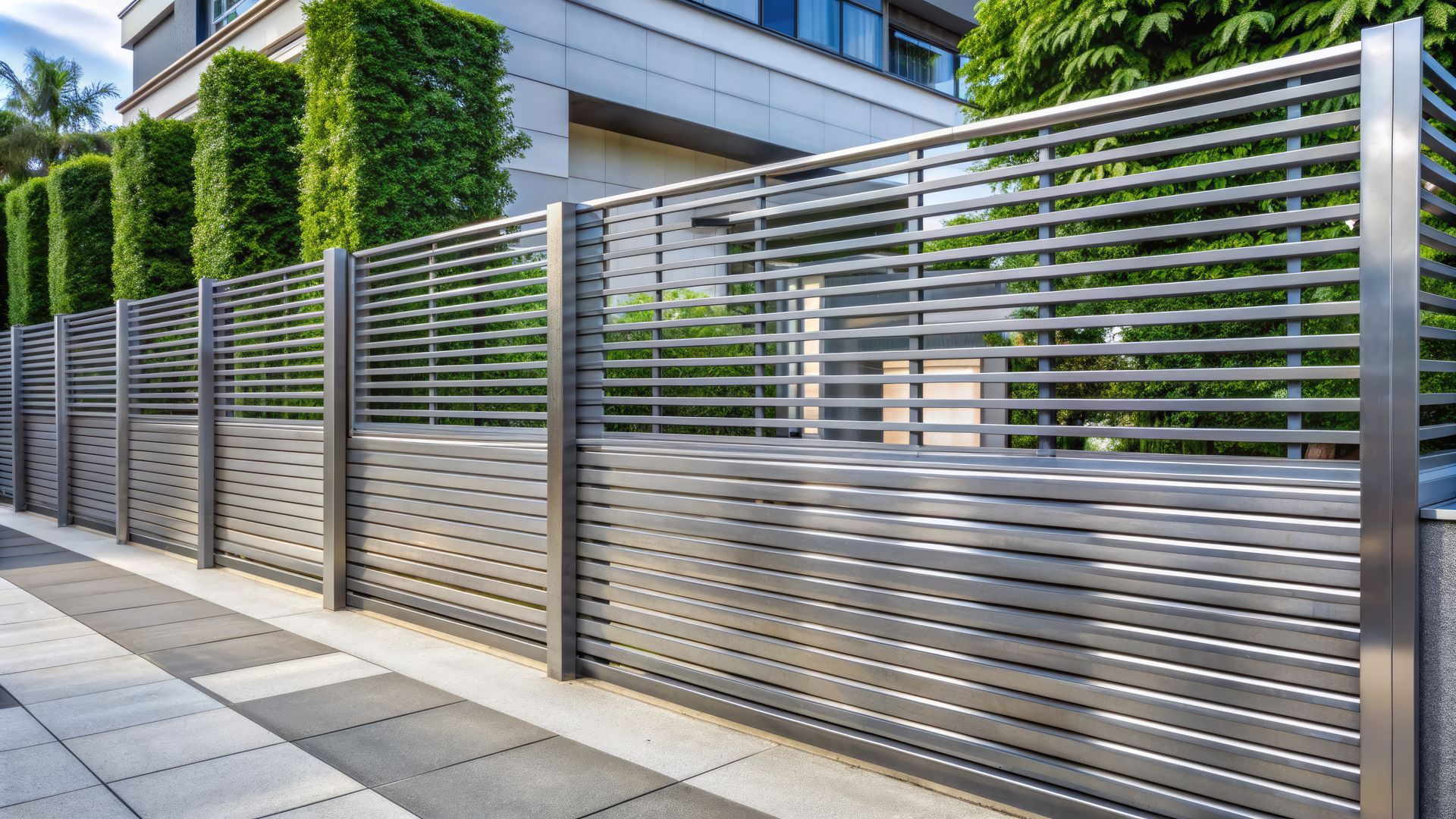 A stainless steel fence is sitting on the sidewalk in front of a building.