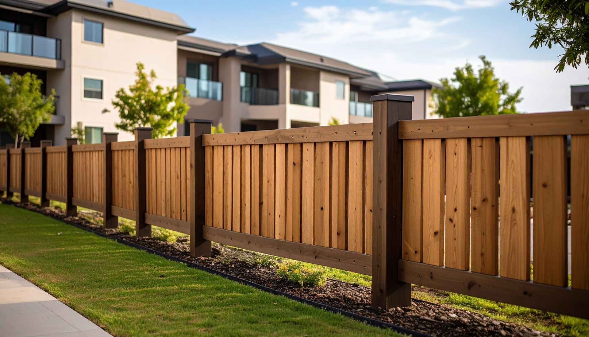 Wooden fence surrounding a building with grass and a sidewalk.