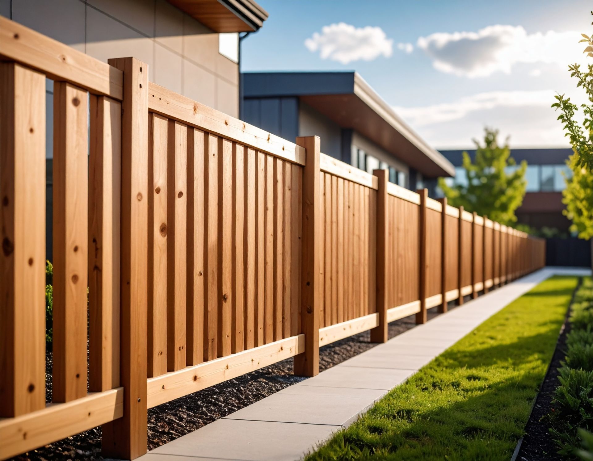 A wooden fence along a sidewalk in front of a house.