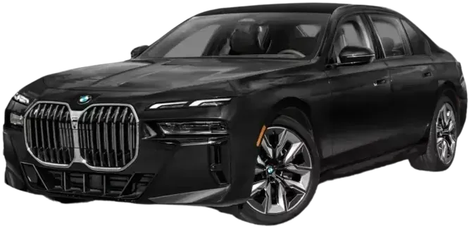 A black bmw 7 series is shown on a white background.