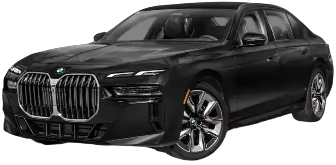 A black bmw 7 series is shown on a white background.