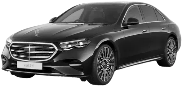 A black mercedes benz e class sedan is shown on a white background.