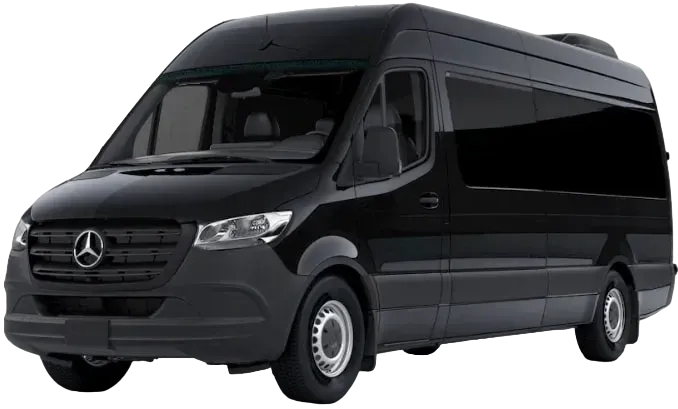 A black mercedes sprinter van is shown on a white background.