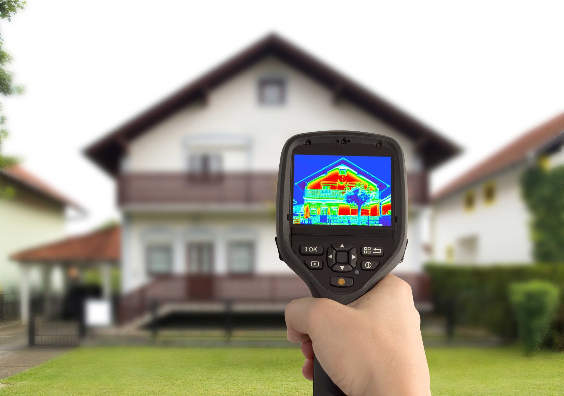 A person is holding a thermal camera in front of a house.