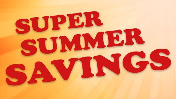 A sign that says super summer savings on it