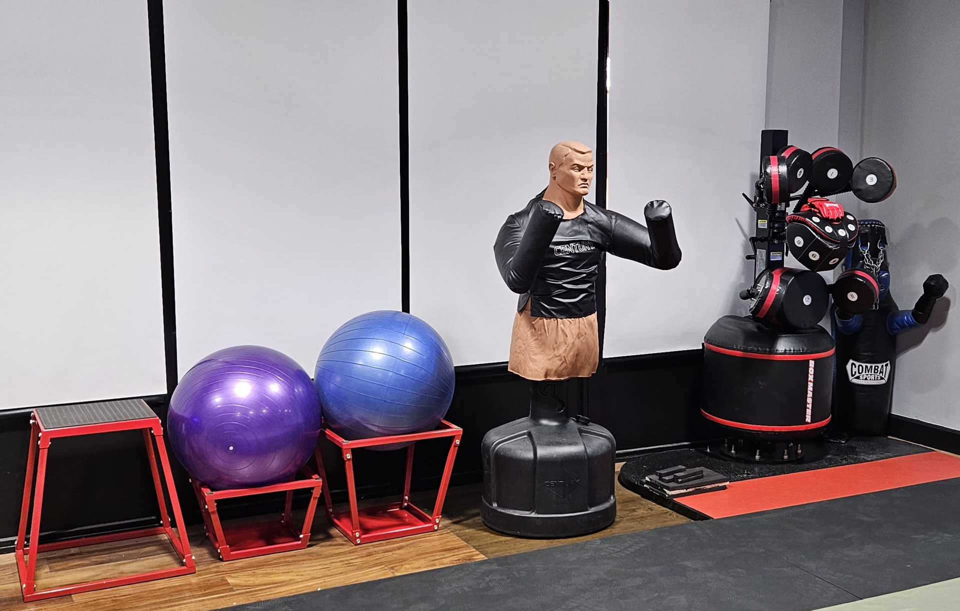 Exercise equipment in a gym: step platforms, exercise balls, a punching dummy, and boxing equipment.