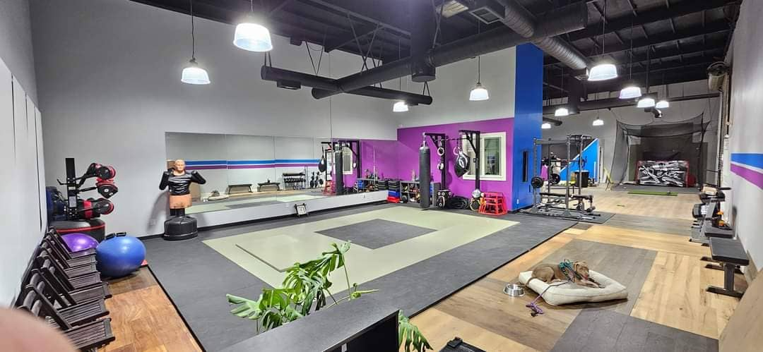 A large gym with a lot of equipment and a purple wall.