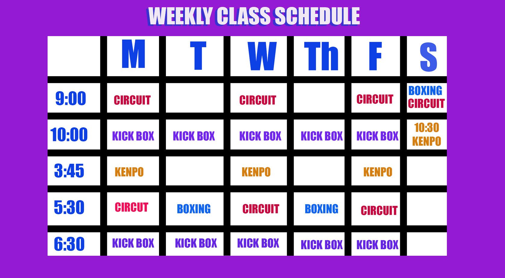 Weekly class schedule with classes like Circuit, Kick Box, and Kenpo.