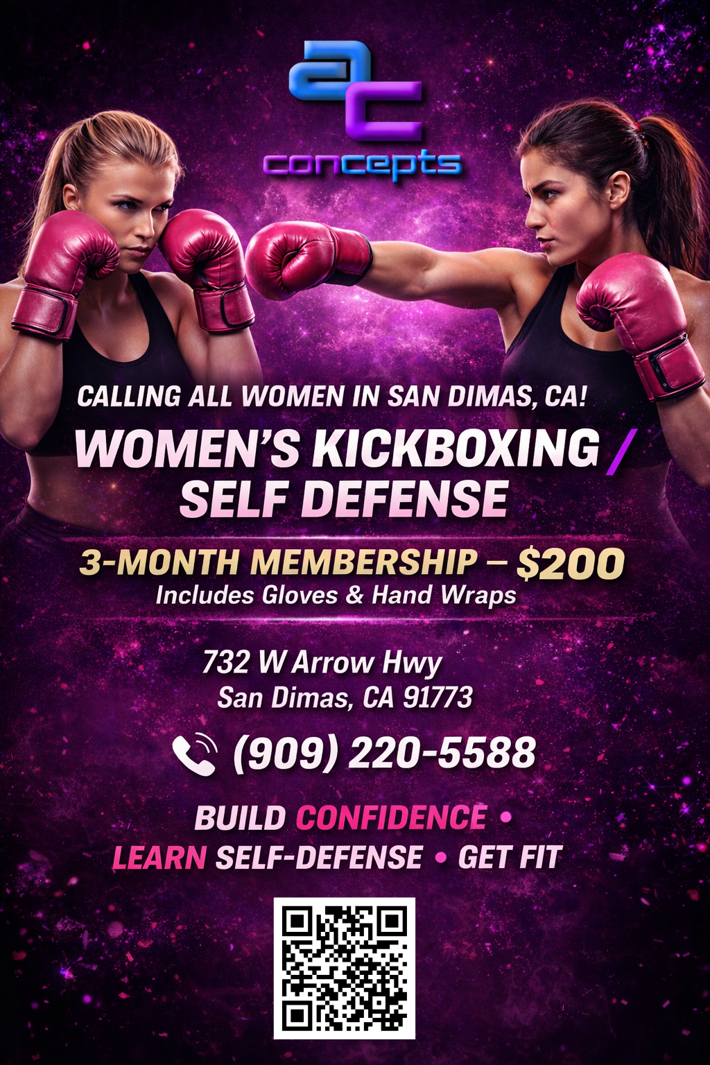 Women’s kickboxing/self-defense flyer with two fighters, $200 3-month membership, San Dimas CA, QR code