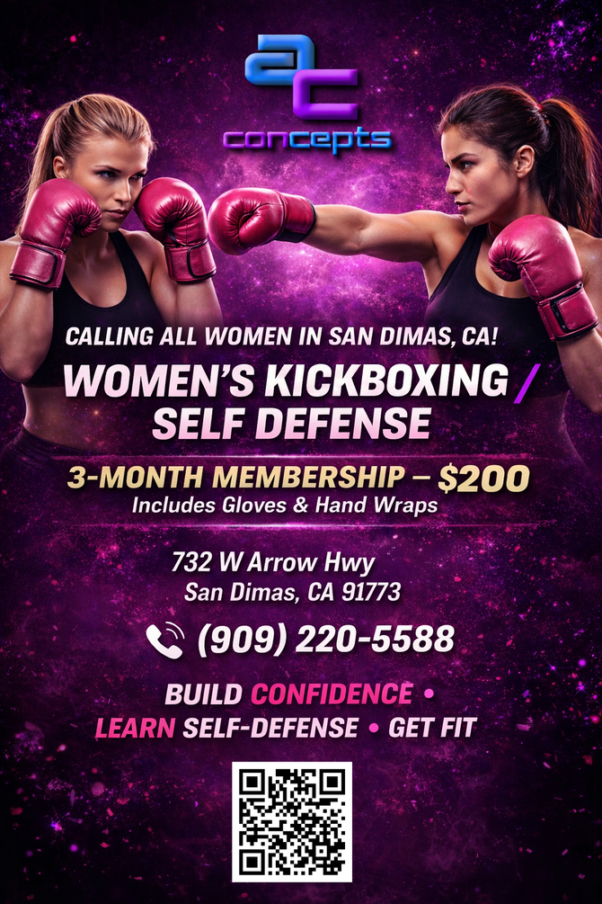 Women’s kickboxing/self-defense flyer with two fighters, $200 3-month membership, San Dimas CA, QR code