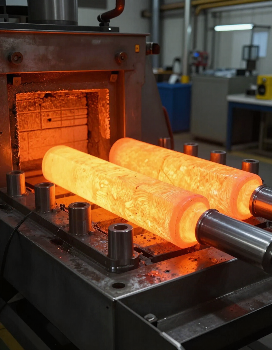 Barras de metal al rojo vivo calentándose en un horno industrial, brillando sobre una cinta transportadora de acero.