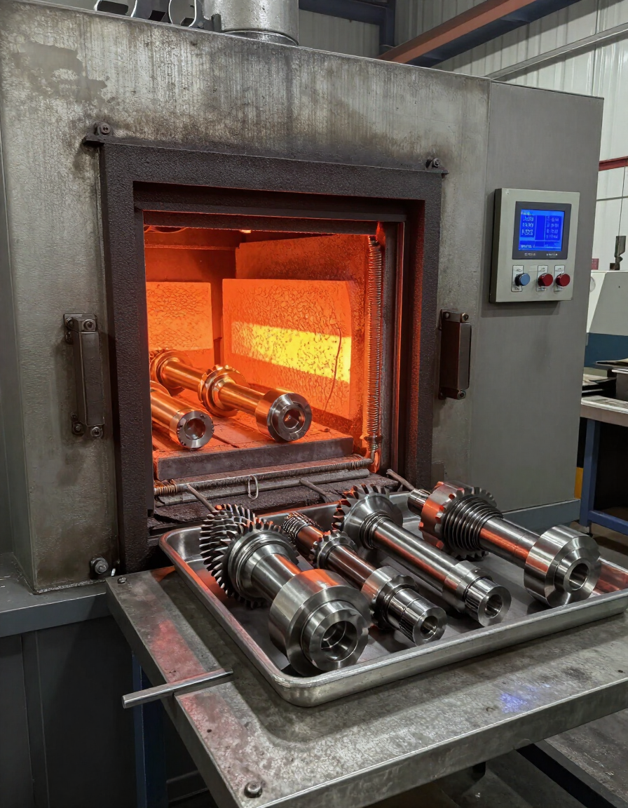 Horno industrial con interior de color naranja brillante y rodillos metálicos sobre una bandeja en la parte delantera.
