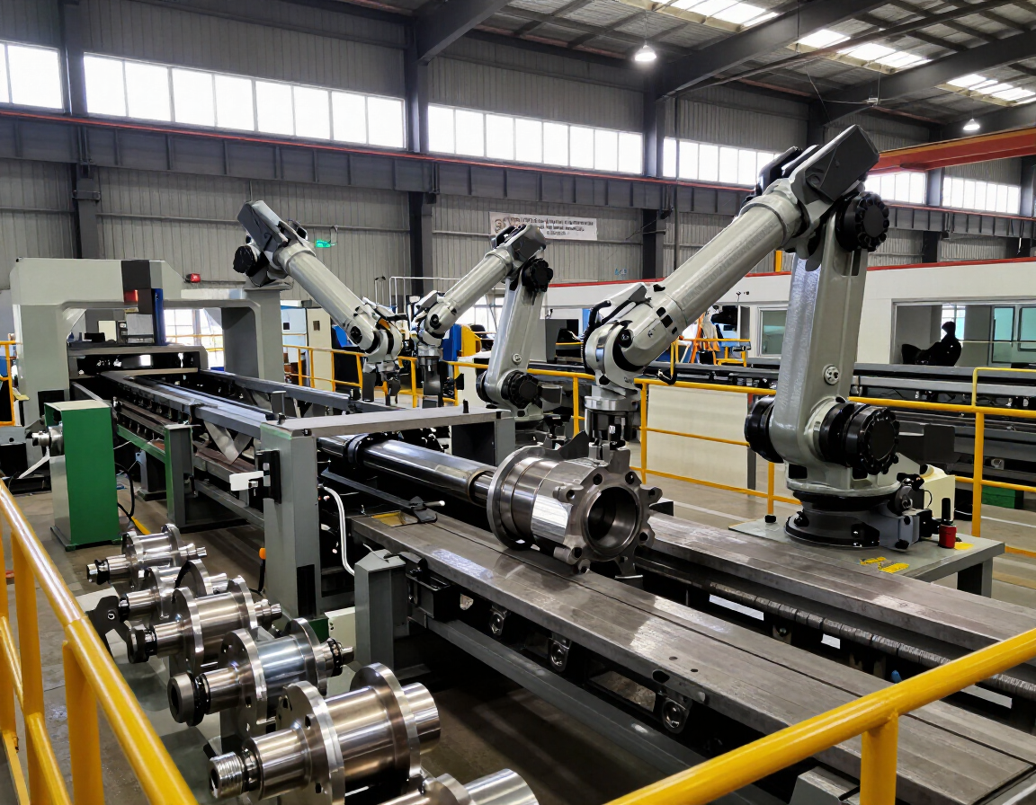 Fábrica industrial con brazos robóticos ensamblando piezas metálicas en una línea de producción.