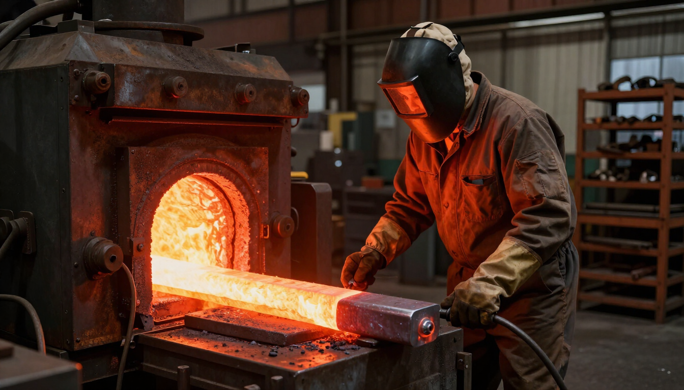 Un herrero con equipo de protección extrae una barra de metal incandescente de una fragua en un taller.