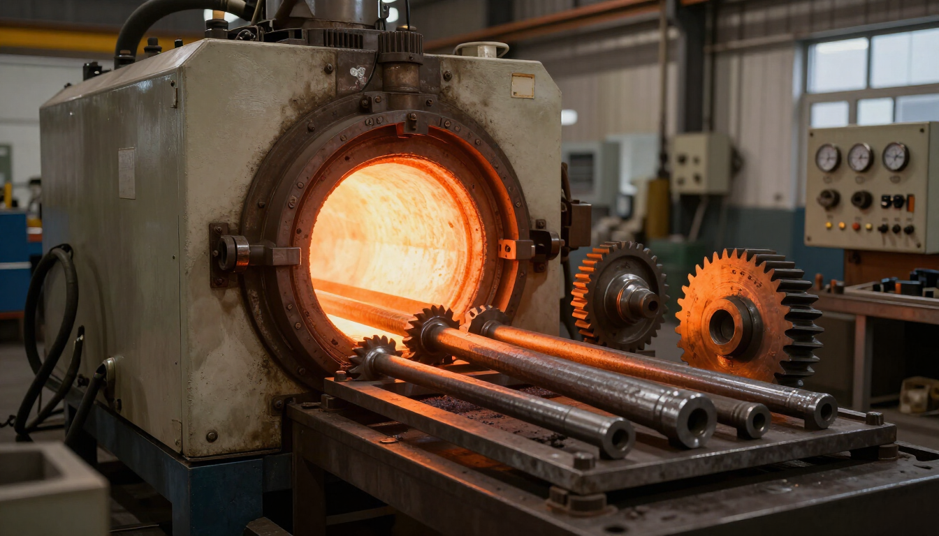 Horno industrial que brilla con un tono naranja intenso, con varillas de metal sobre rodillos en un taller.