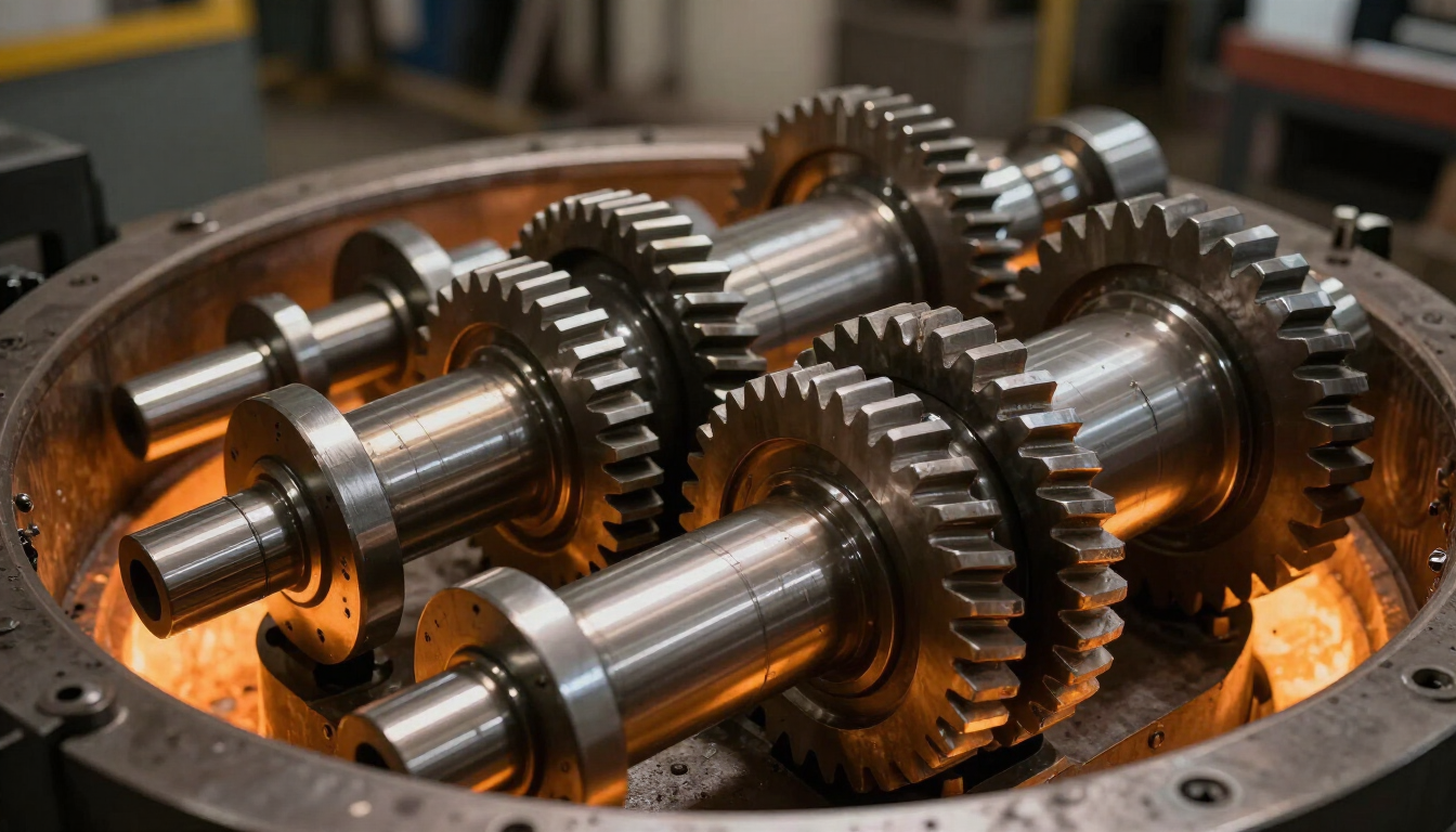 Primer plano de engranajes y ejes metálicos brillantes dentro de un conjunto de máquina industrial.