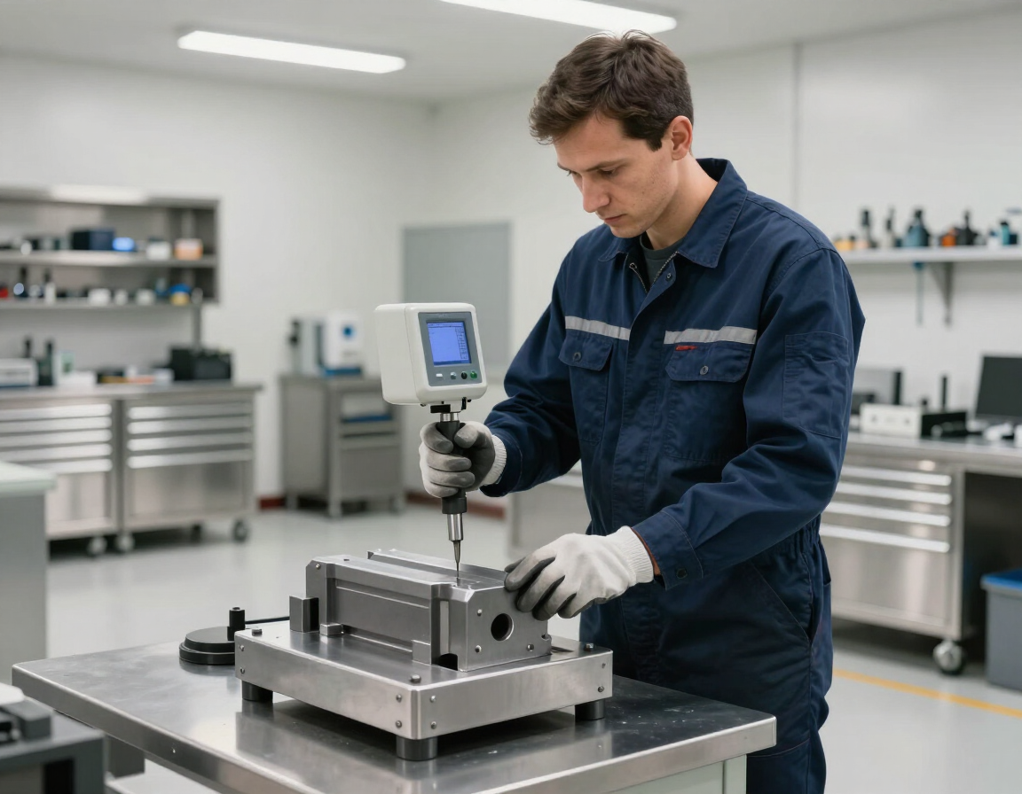 Técnico con mono azul utilizando un calibrador manual para inspeccionar una pieza metálica en un taller limpio.
