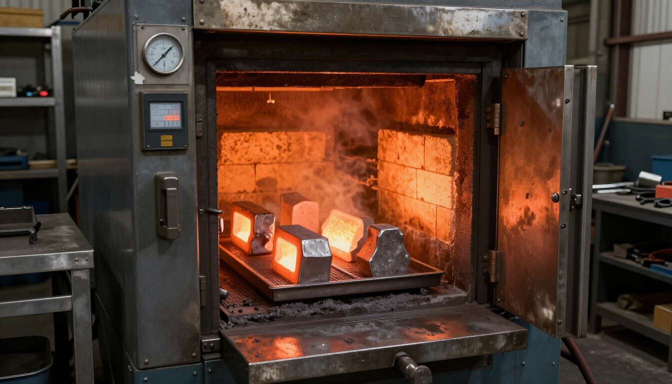 Horno industrial con bloques de metal al rojo vivo en el interior de un taller, iluminado por llamas anaranjadas.