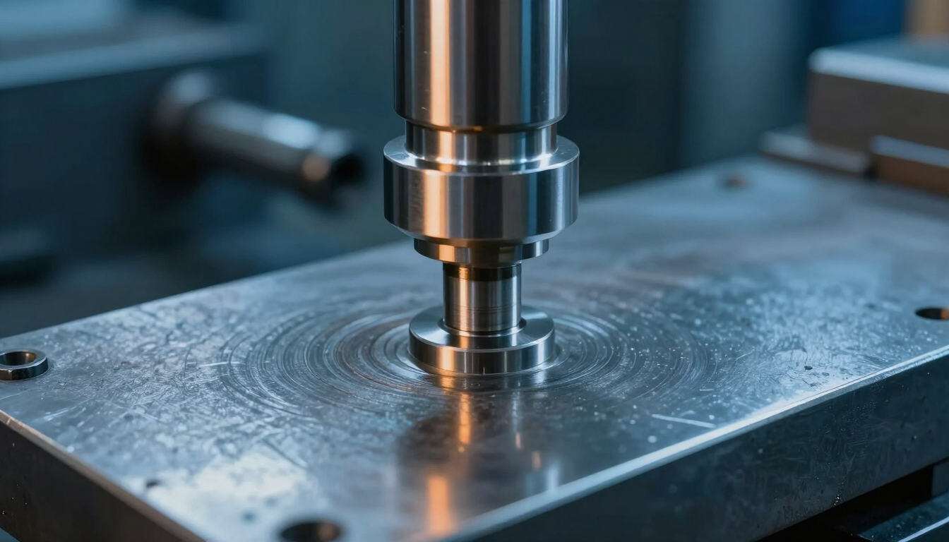 Una fresadora CNC mecaniza una placa de metal, con patrones de corte circulares en la superficie.