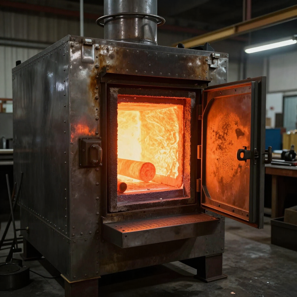 Horno industrial con la puerta abierta, fuego naranja brillante en el interior, en un entorno de taller.