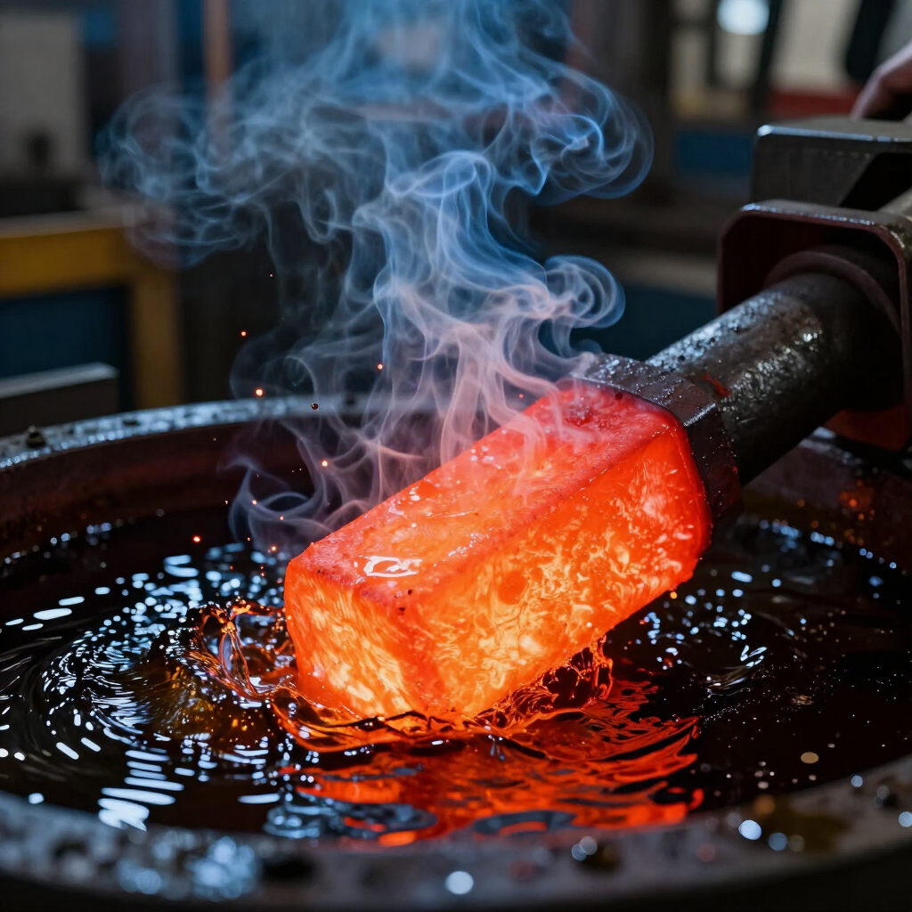 Barra de metal al rojo vivo enfriándose en agua, con vapor ascendiendo en una fragua o herrería.