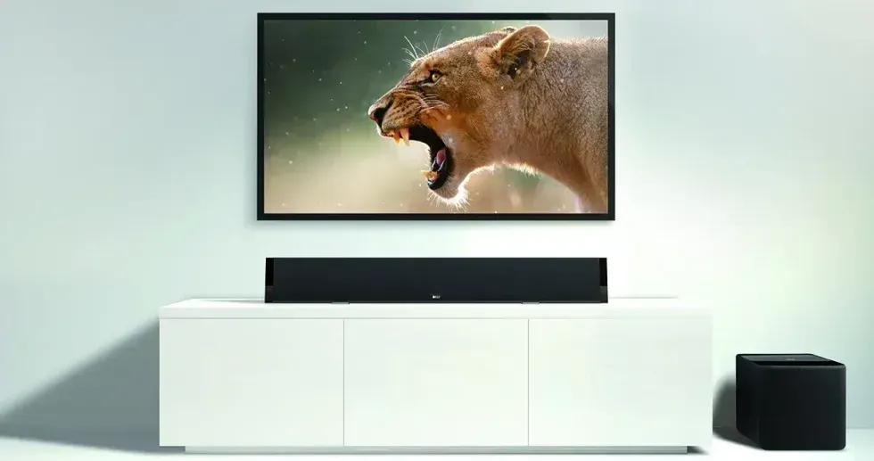 A TV displays a roaring lion above a white cabinet. A soundbar and subwoofer are positioned below.