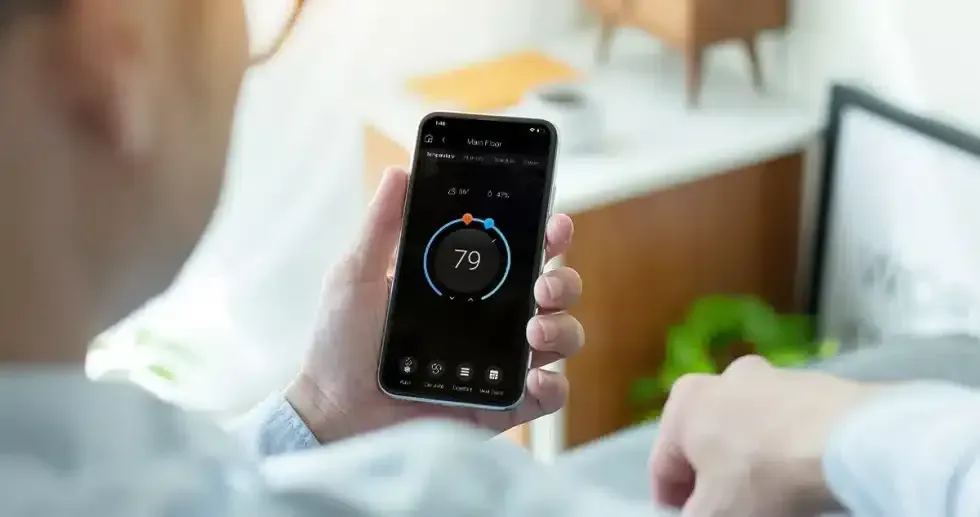 Person holding a phone with a smart home app displaying a temperature of 74 degrees.