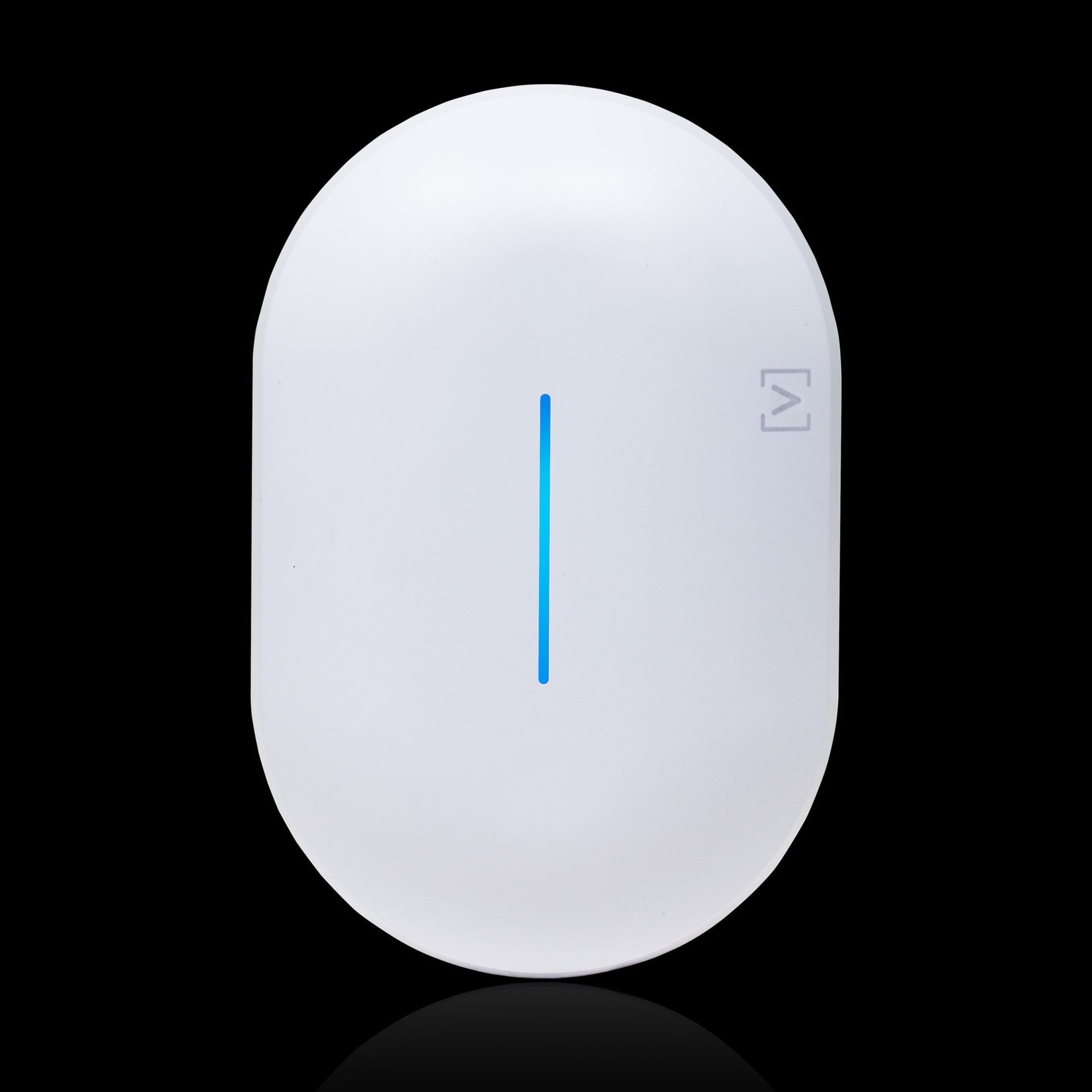 White oval smart home device with a blue light and logo, set against a black background.
