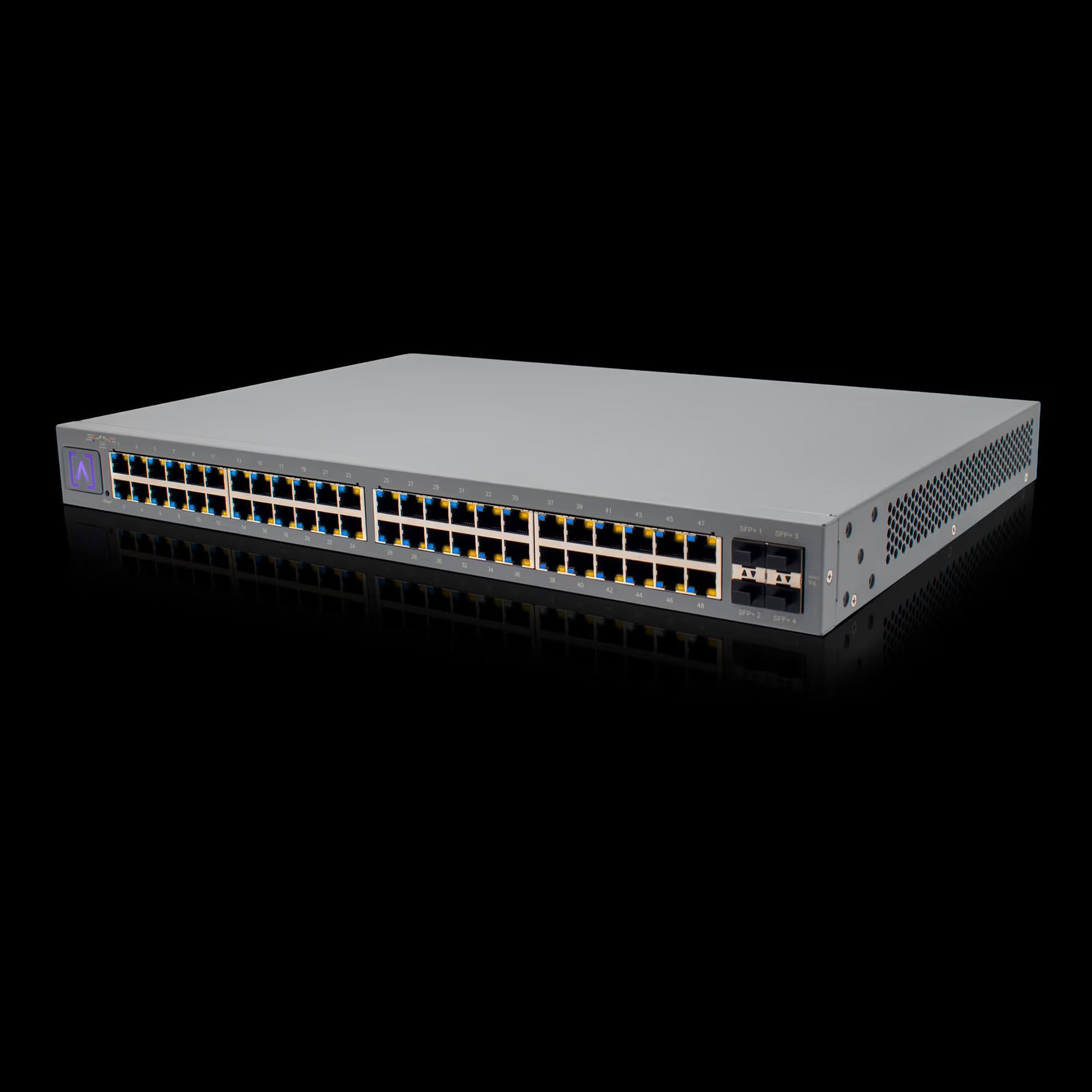 Gray network switch with numerous ports on a black background.