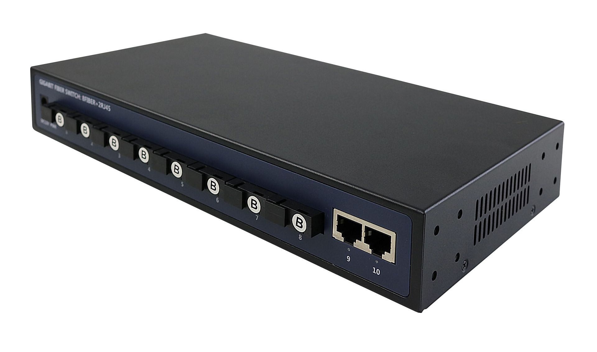 Black network switch with nine numbered ports and two Ethernet ports.