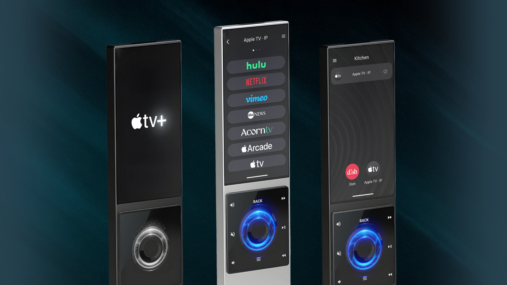 Three high-tech, vertical remote controls; one with Apple TV+, middle control with buttons, right control with a call icon.