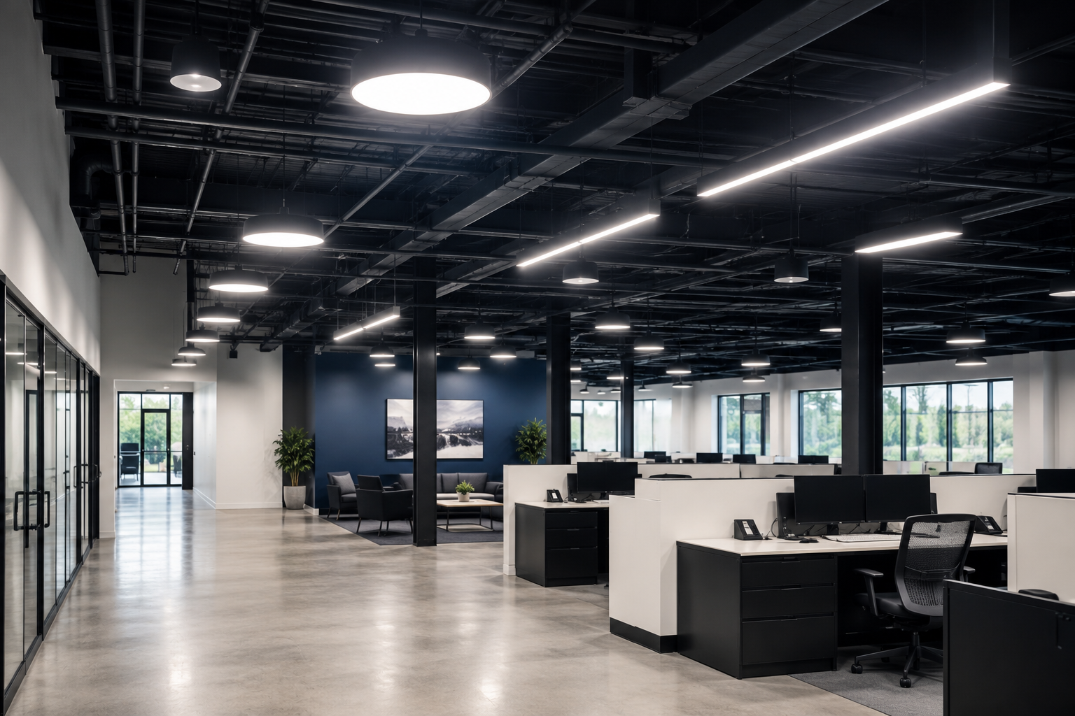 PoE lighting system for Seattle and Tacoma businesses showing LED fixtures powered and controlled th