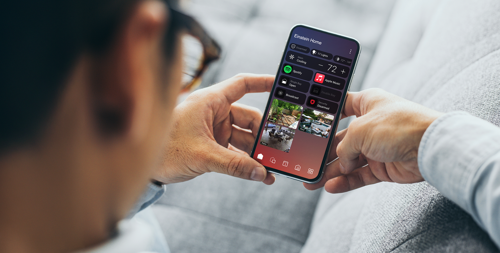 Control4 smart home app showing security cameras and system controls on a smartphone.