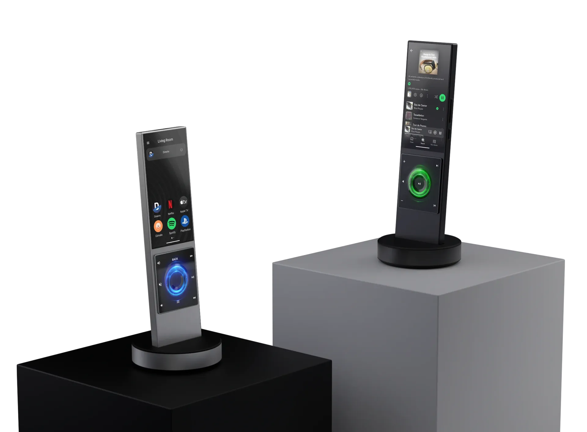 Two AVA smart home remotes displayed on pedestals against a dark background.