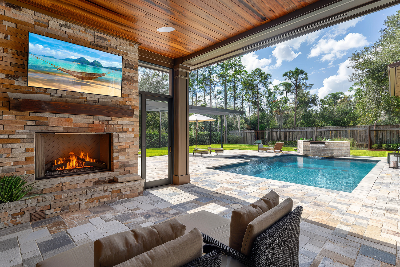 Modern outdoor living room with fireplace and smart TV connected to home automation system