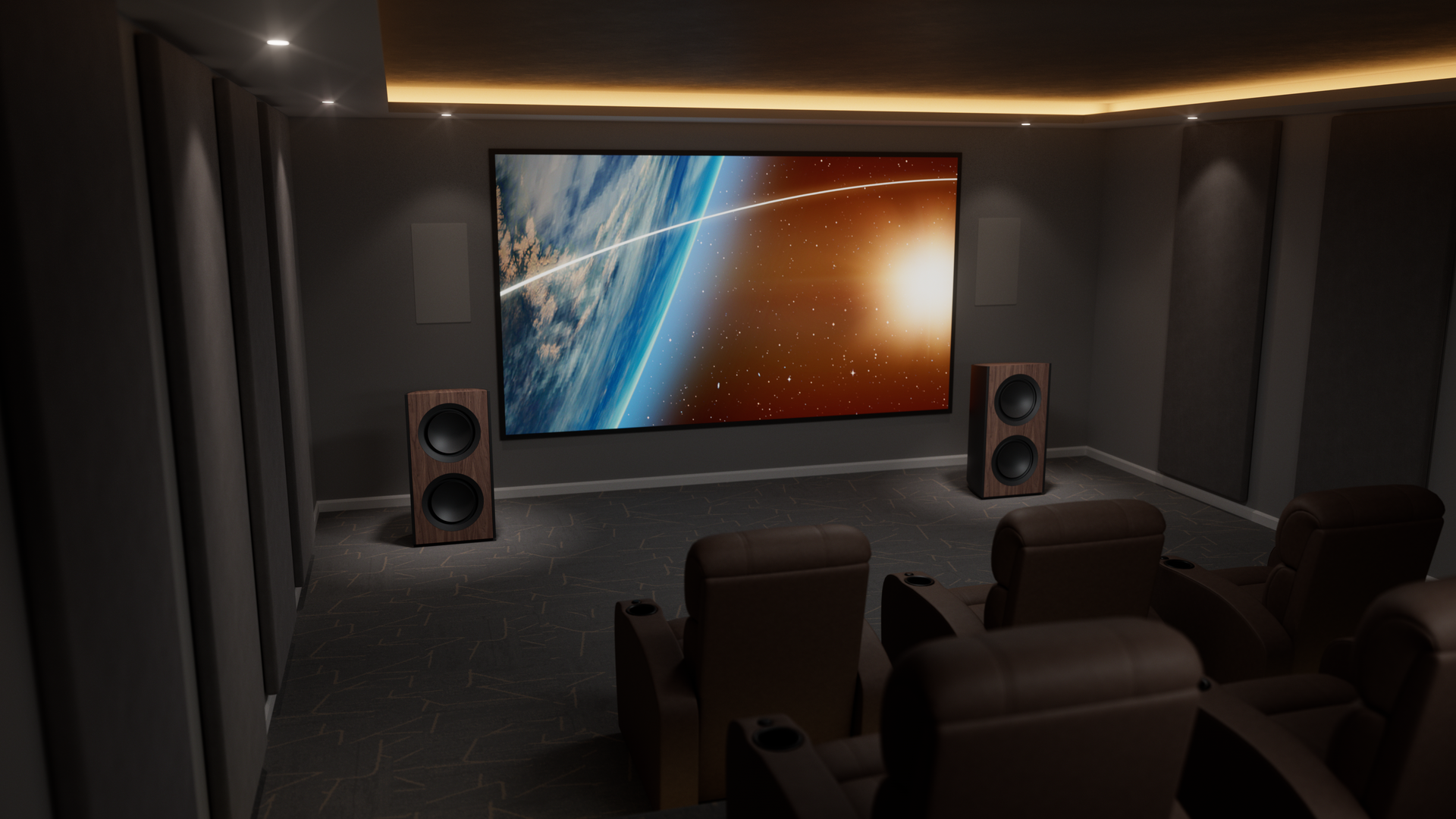 Home theater with large projection screen, custom lighting, and high-end speakers installed by Rivas Technology Group in University Place.
