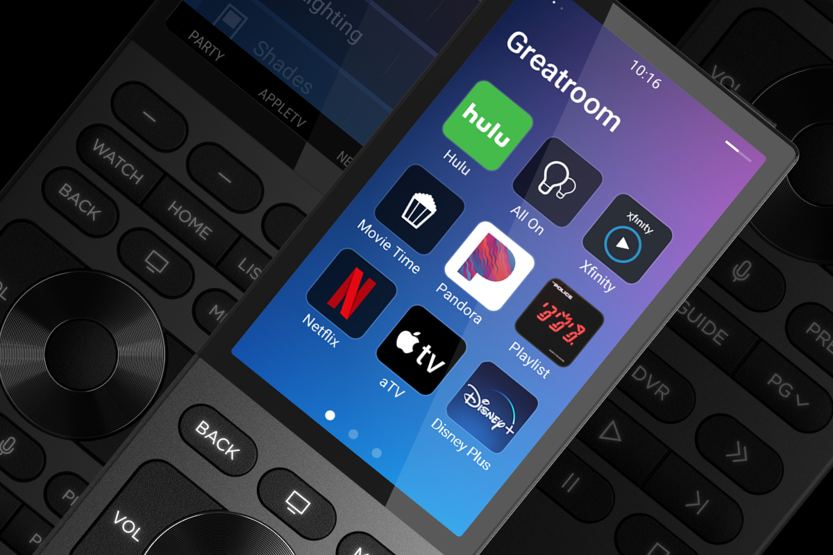 Remote control with a screen displaying streaming apps: Hulu, Netflix, Apple TV, and Disney+.
