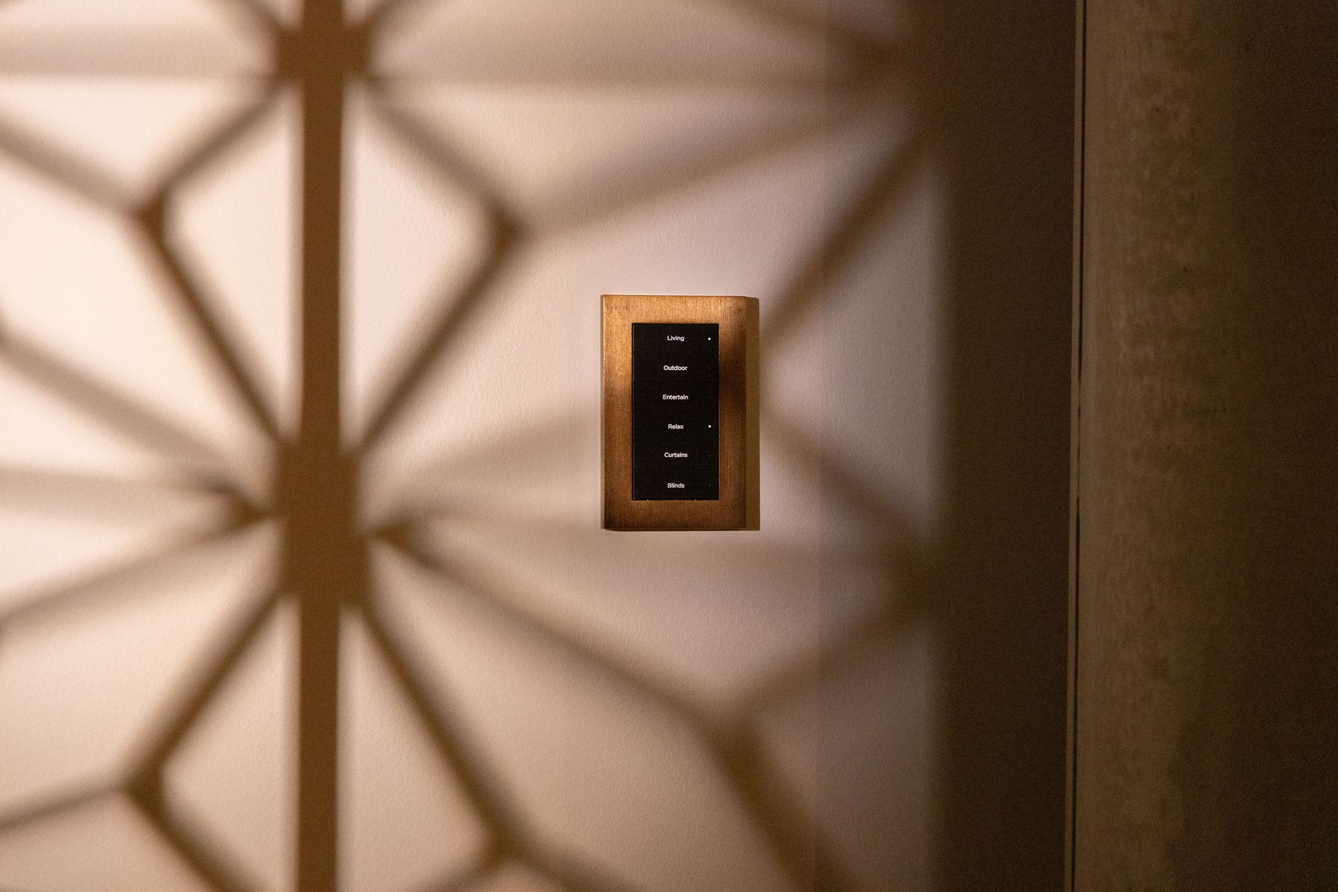 Pure Smart Lighting keypad with custom scene controls for living, outdoor, and entertainment spaces.