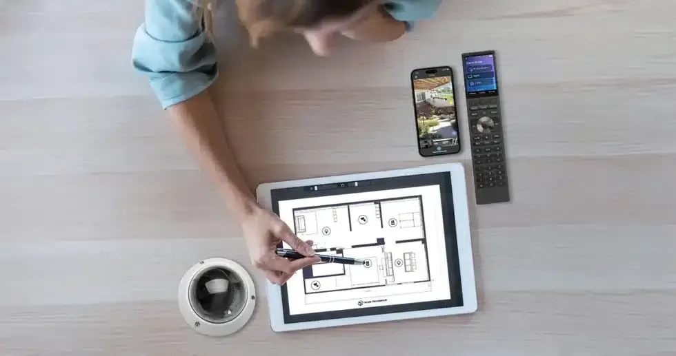 Person reviewing a smart home floor plan on a tablet, with a smartphone showing camera feeds and a smart remote nearby.