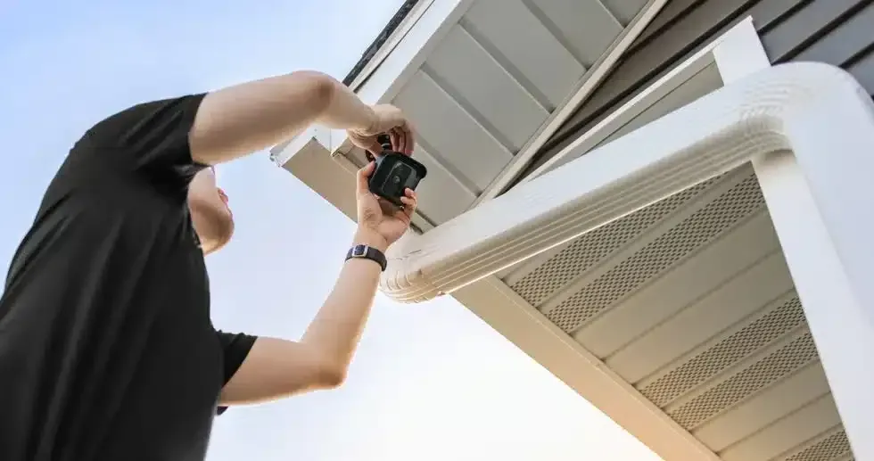 Person installing a security camera on the underside of a white building overhang.