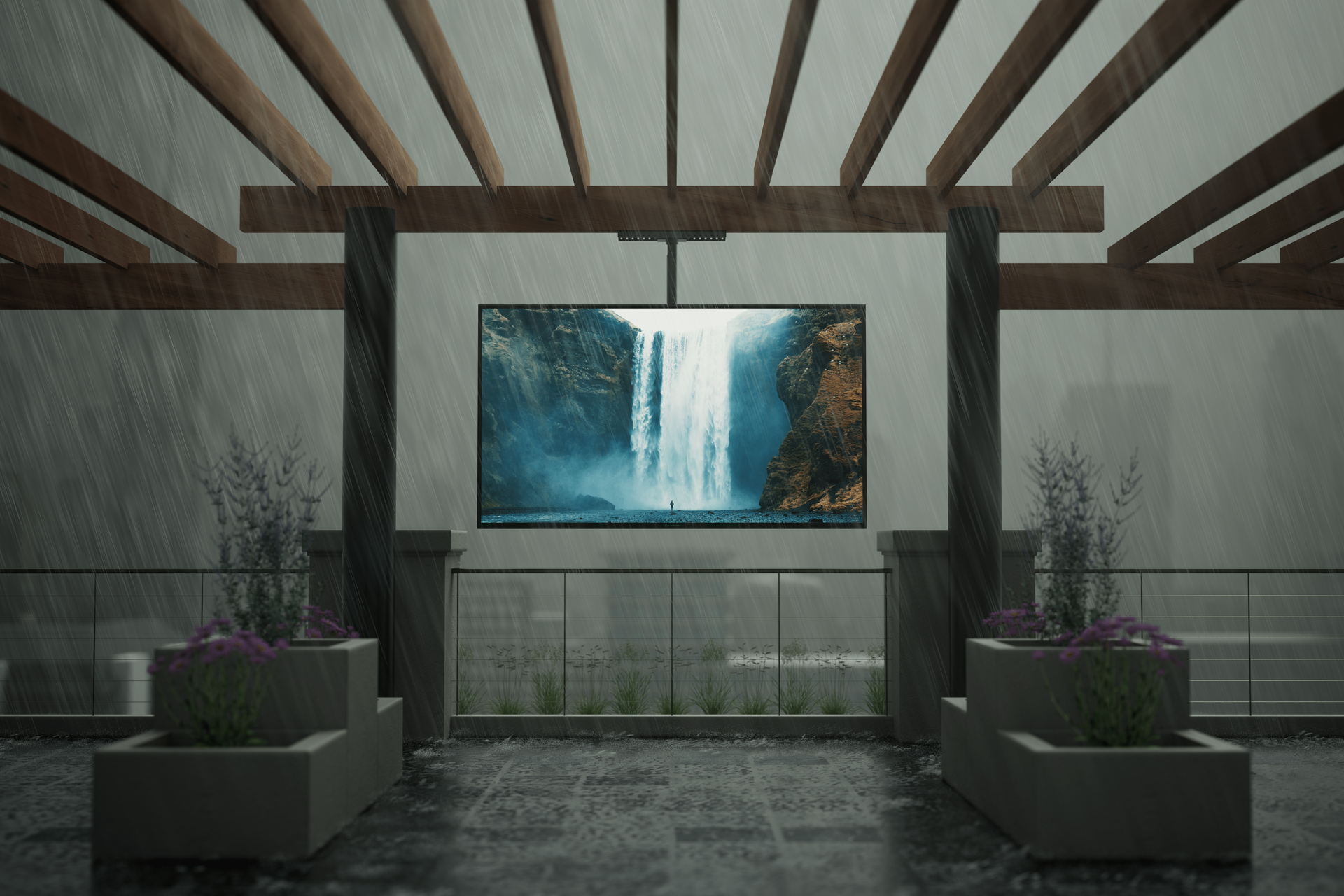 Covered outdoor entertainment space with weatherproof TV during rainfall