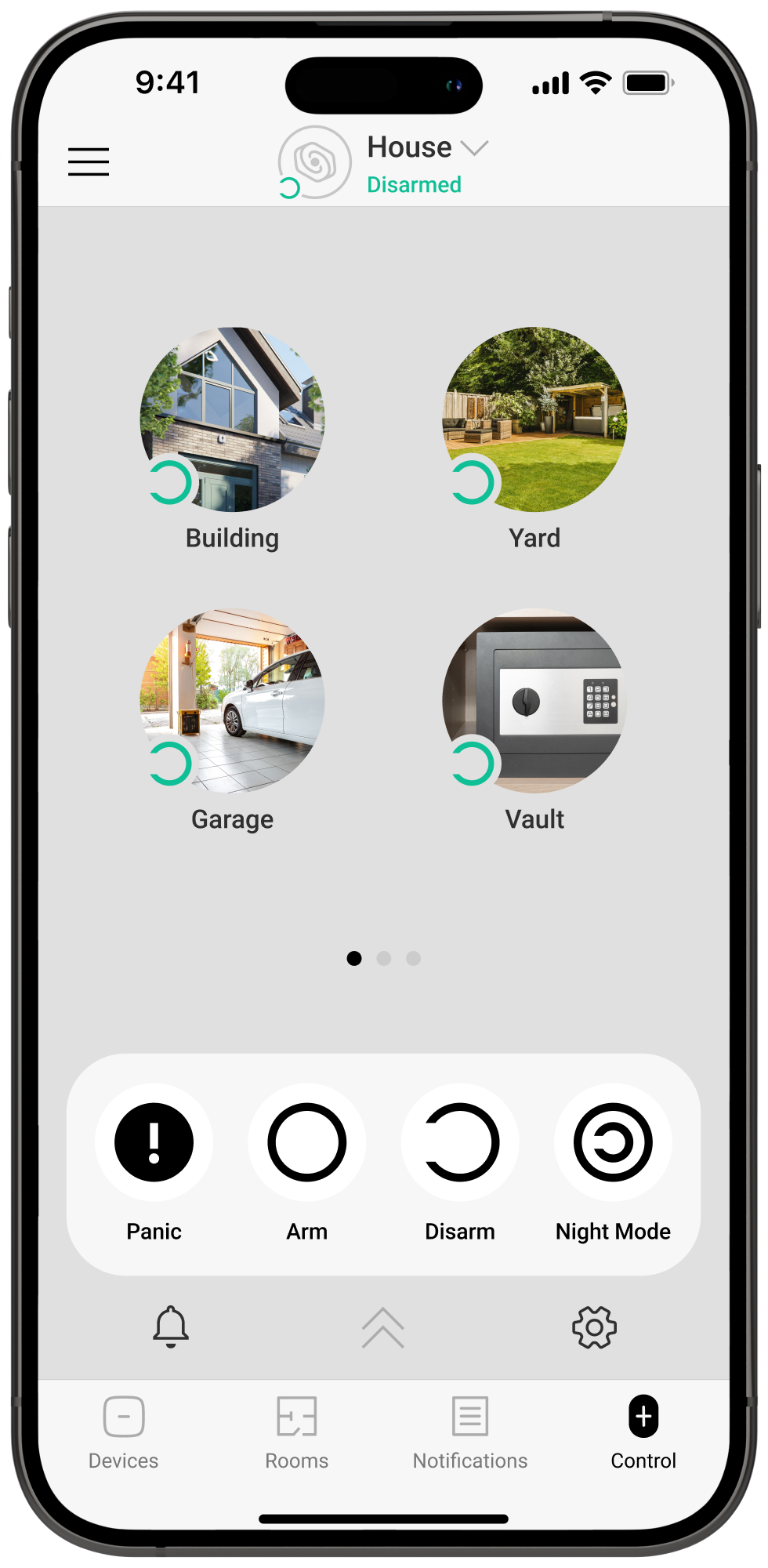 Mobile app screen displaying house automation controls with various room options.