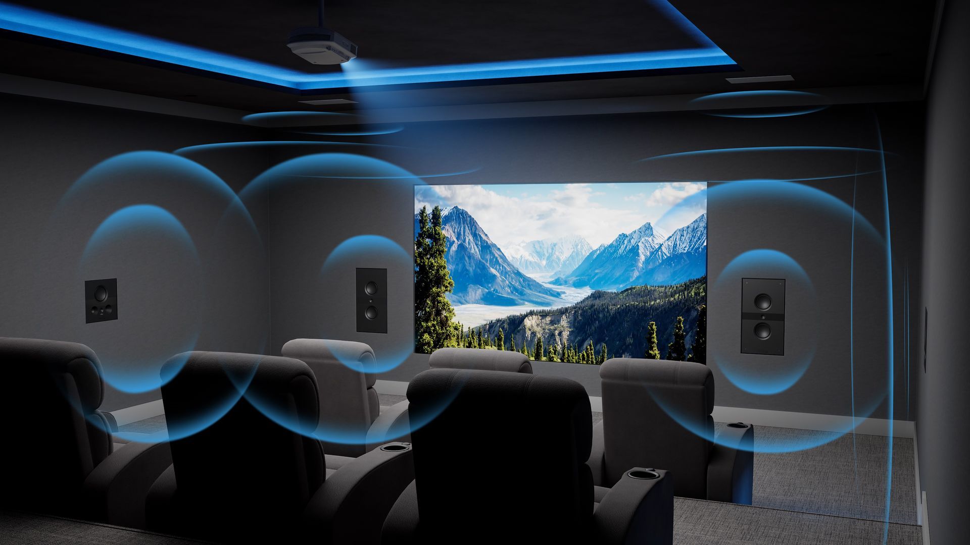 Home theater with speakers and a projection screen, sound waves shown emanating from the speakers.
