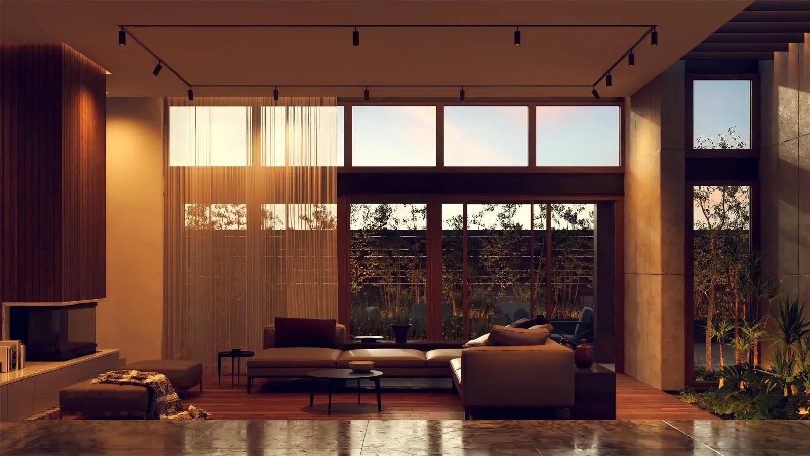 Modern Gig Harbor living room featuring Pure Smart Lighting track fixtures and natural daylight.